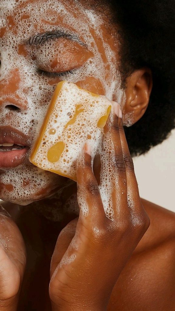 femme utilisant un savon à la base de mitosaldaite